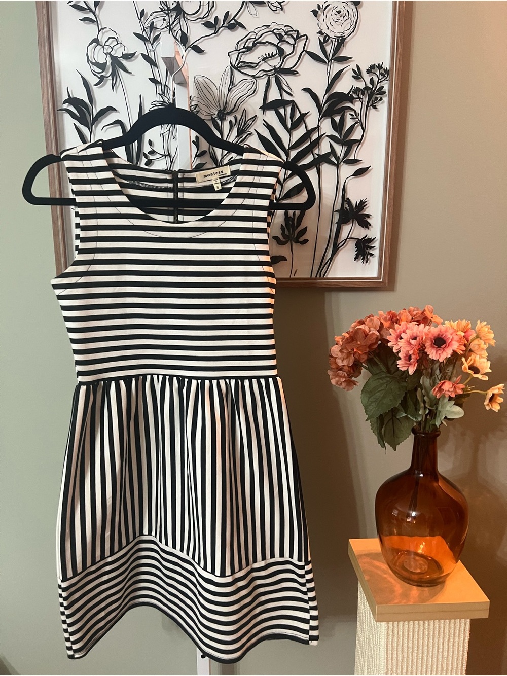 Monteau Black White Striped Sleeveless Knit Mini Dress Size Small